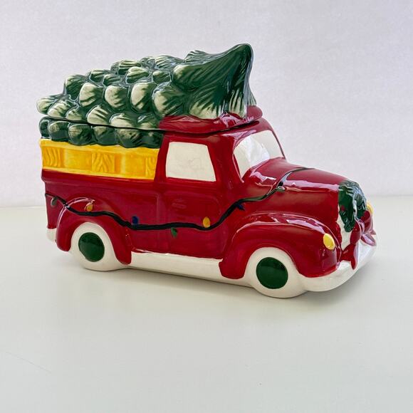 Christmas Red Pickup Truck With Christmas Tree In Back Cookie Jar New 10x8x6 - Picture 2 of 10